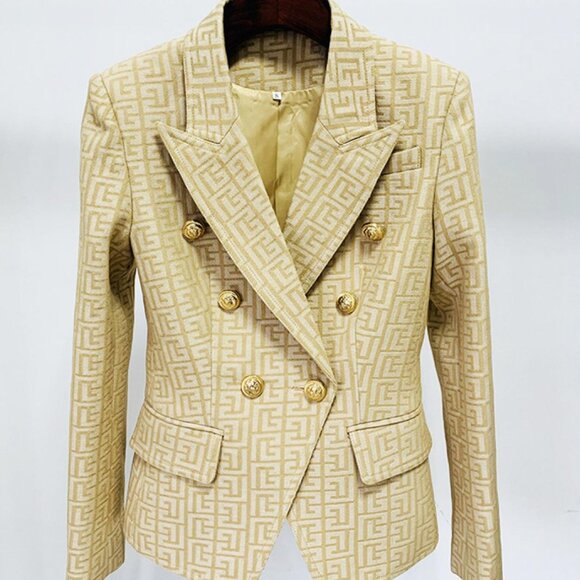 NEW! Khaki Jacquard Gold Button Geo Detail Blazer Jacket - Picture 4 of 8